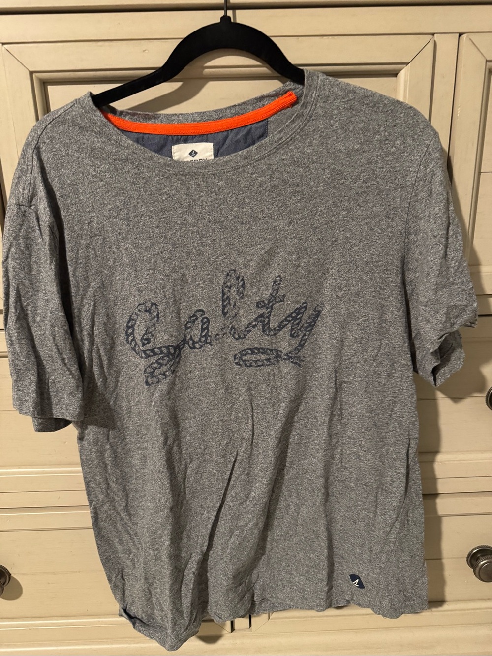 Sperry Gray Short Sleeve Tee with Navy Script
